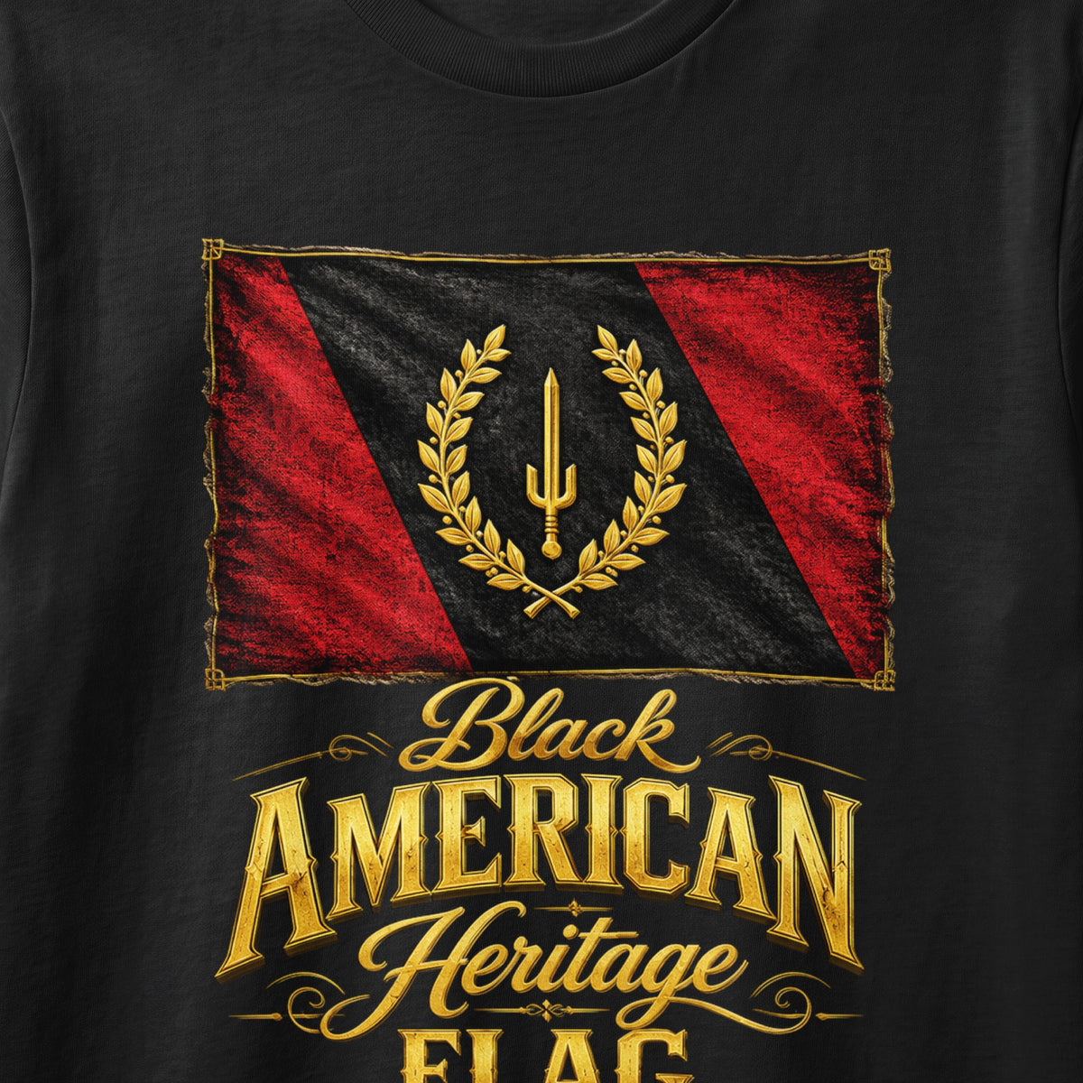 Black American Heritage flag design with gold laurel wreath and sword.
