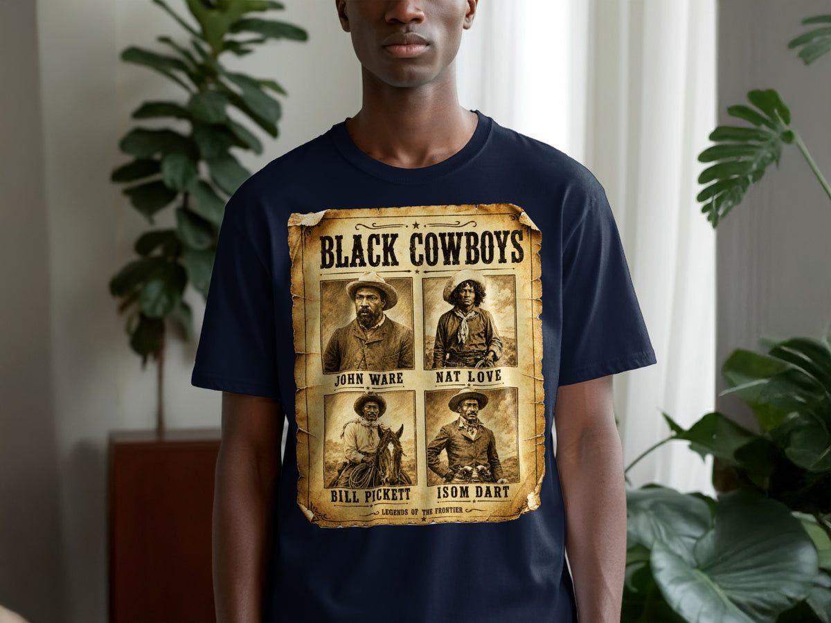 Black Cowboys poster featuring John Ware, Nat Love, Bill Pickett, and Isom Dart.