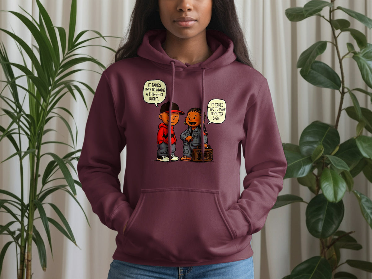 Maroon hoodie with cartoon graphic of two boys and boombox.