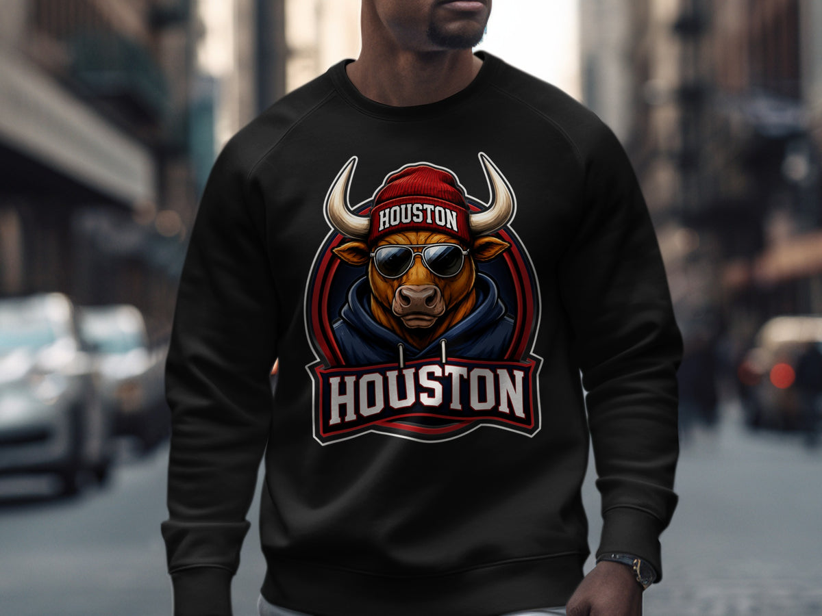 Black sweatshirt with a bull wearing sunglasses and a beanie with "Houston" text.