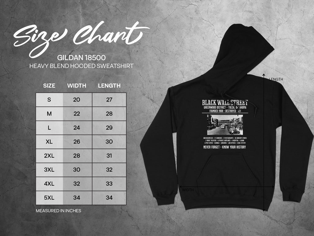 Gildan 18500 hooded sweatshirt size chart with width and length measurements.