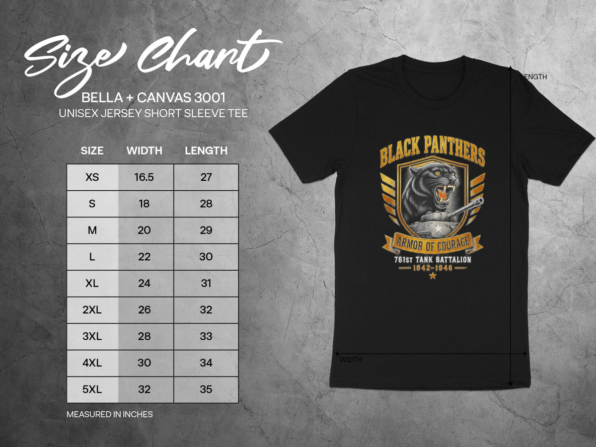 Size chart for BELLA + CANVAS 3001 unisex short sleeve tee with "Black Panthers Armor of Courage" design.