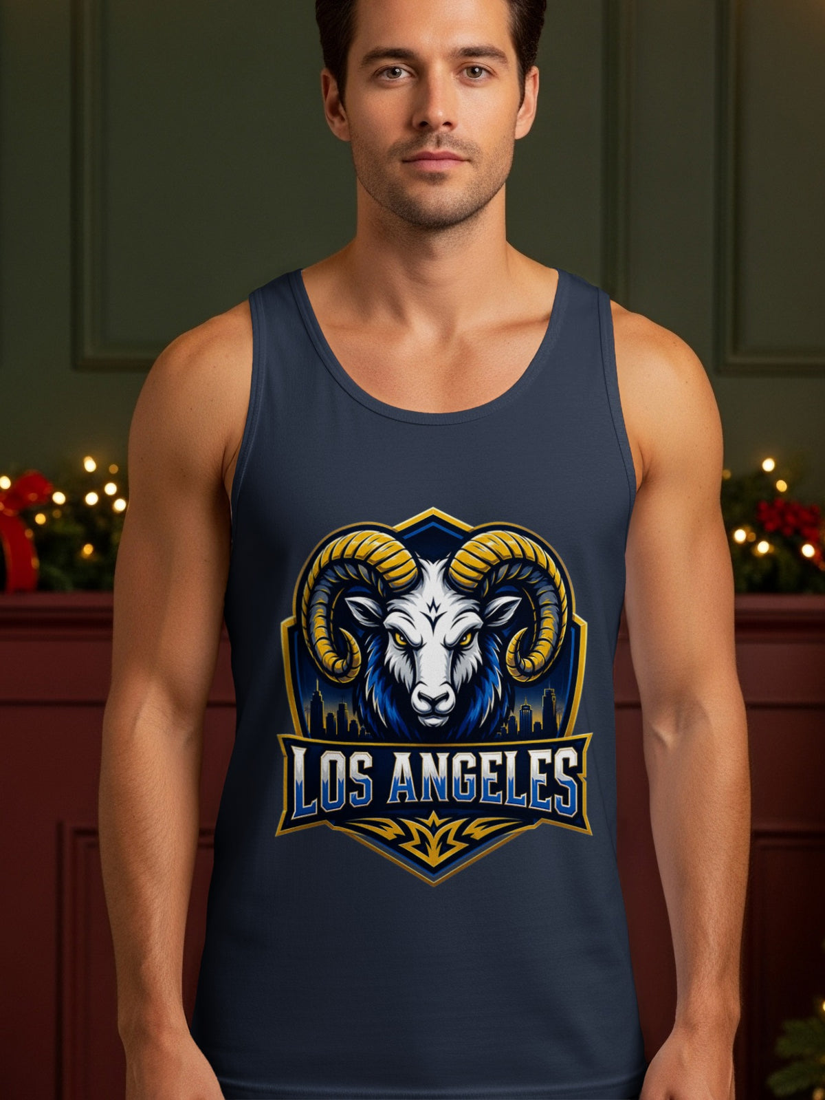 Navy tank top with a ram head logo and "Los Angeles" text.