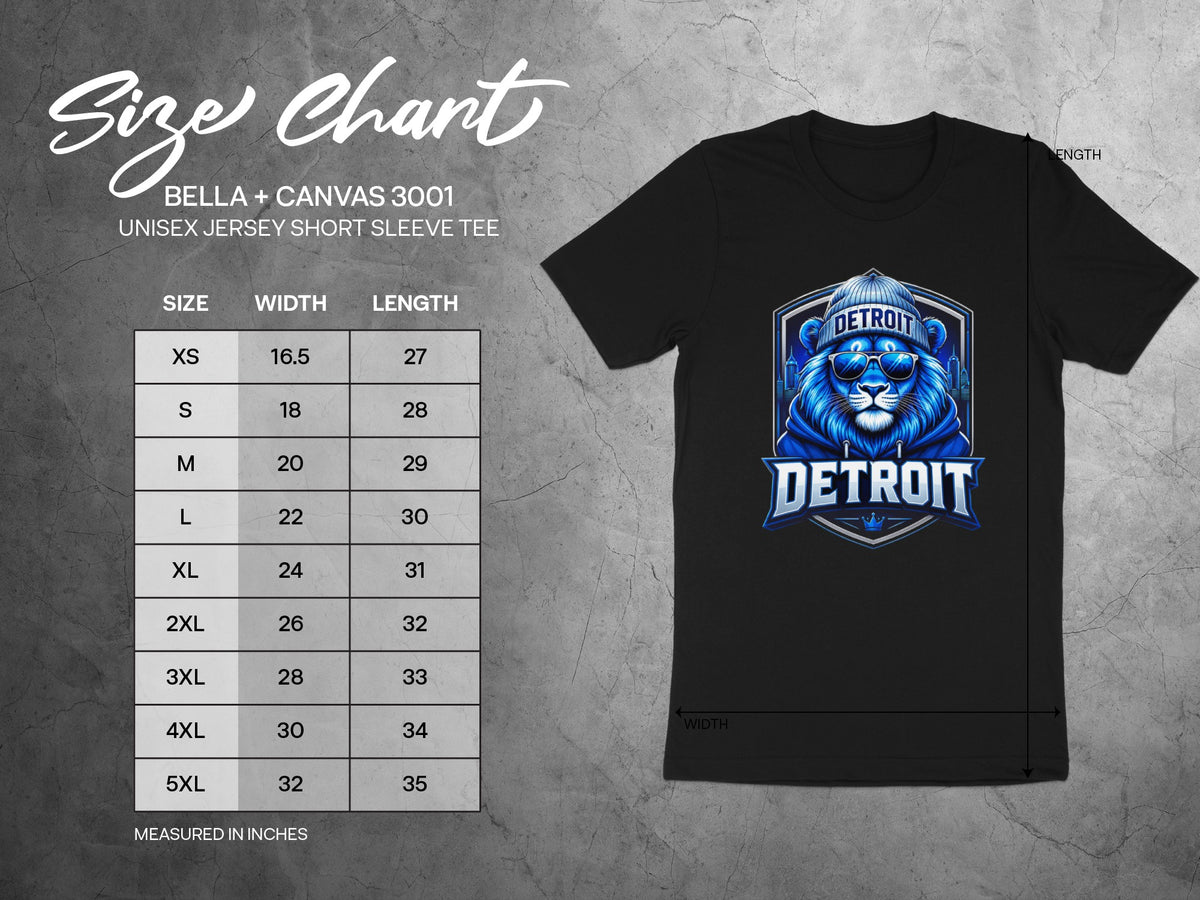 Size chart for Bella + Canvas 3001 unisex short sleeve tee with Detroit lion graphic.