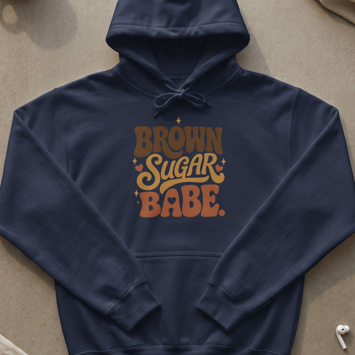 Navy hoodie with "Brown Sugar Babe" text design in retro font and colors.