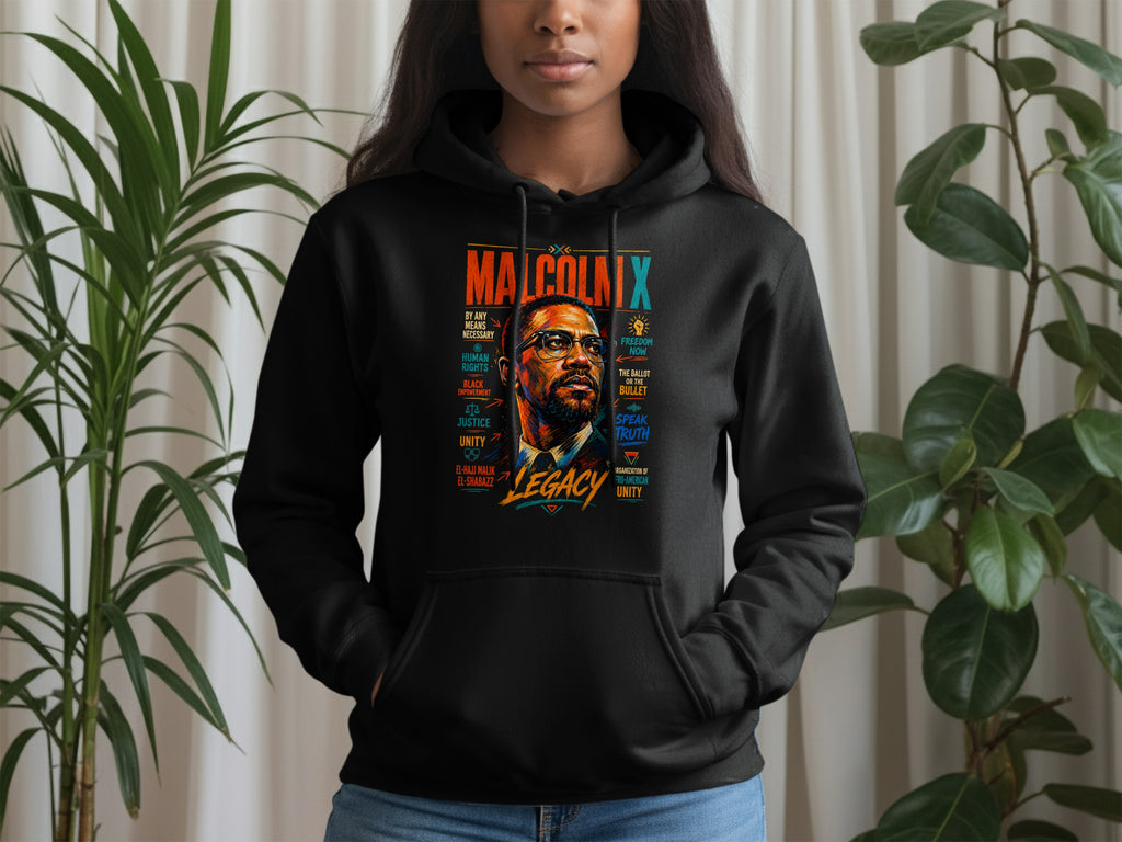 Black hoodie with Malcolm X portrait and legacy quotes.