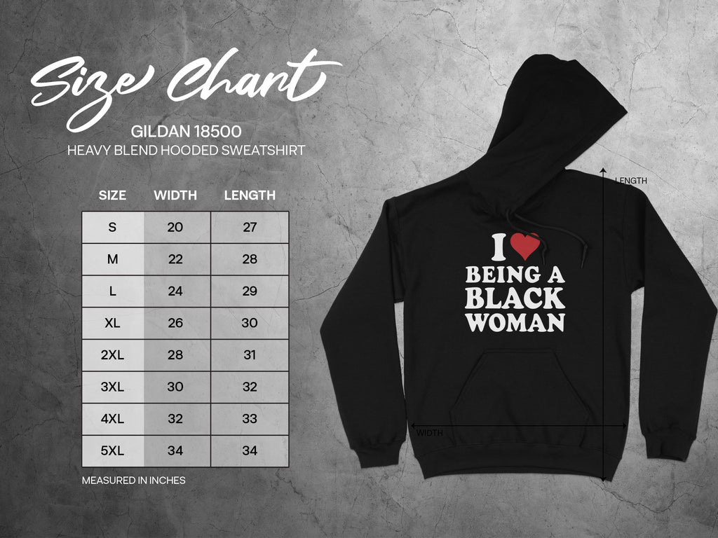 Gildan 18500 hooded sweatshirt size chart with width and length measurements.