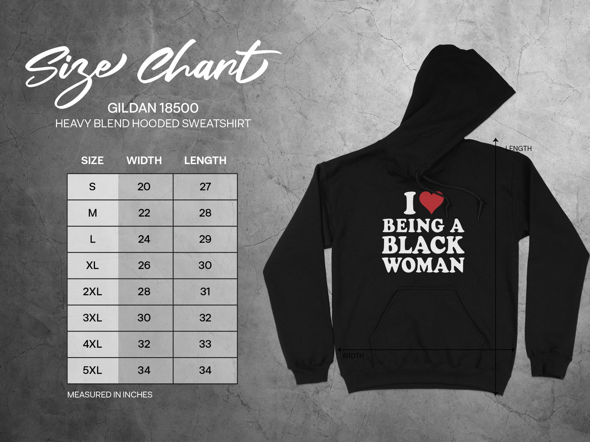 Gildan 18500 hooded sweatshirt size chart with width and length measurements.