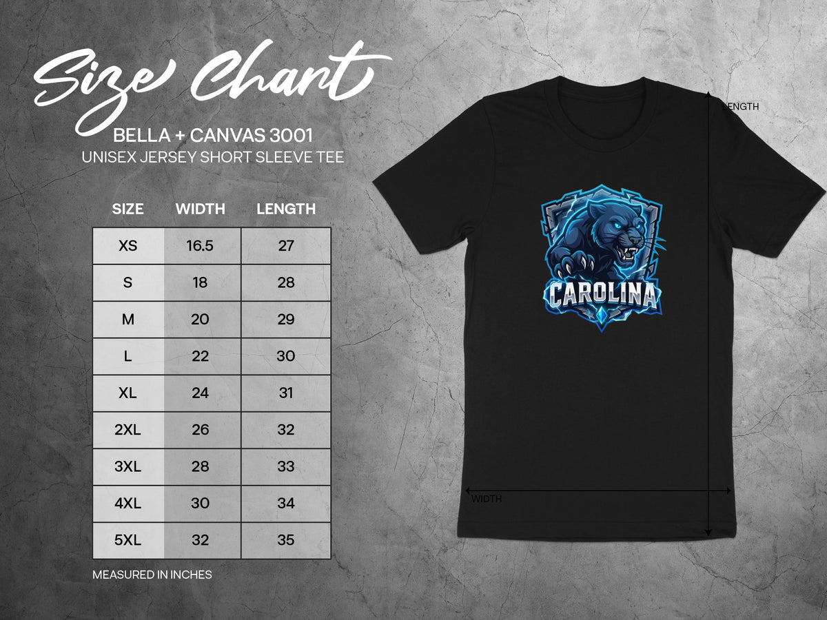 Size chart for Bella + Canvas 3001 unisex short sleeve tee with panther graphic.