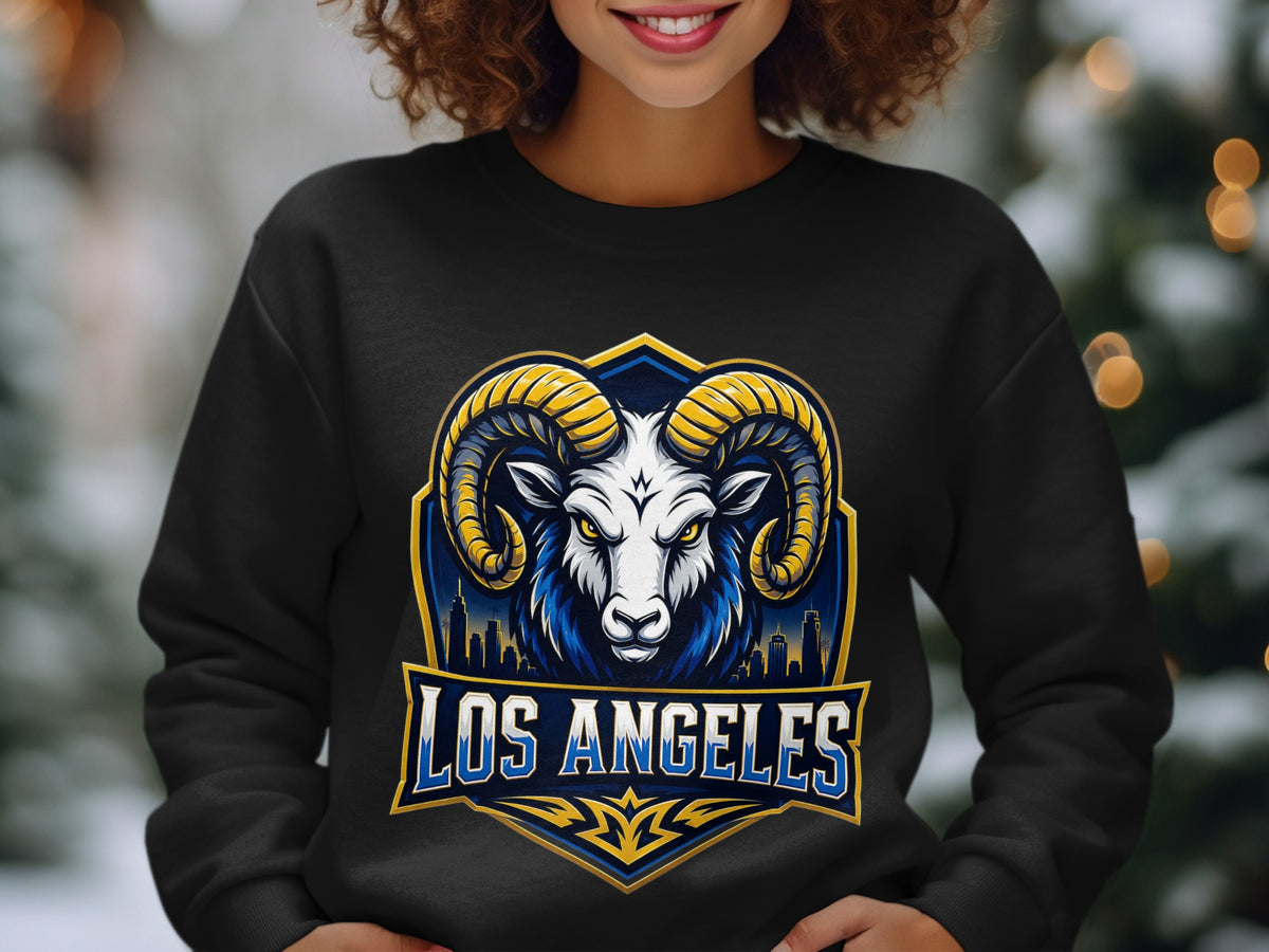 Black sweatshirt with a Los Angeles Rams logo featuring a ram's head and city skyline.