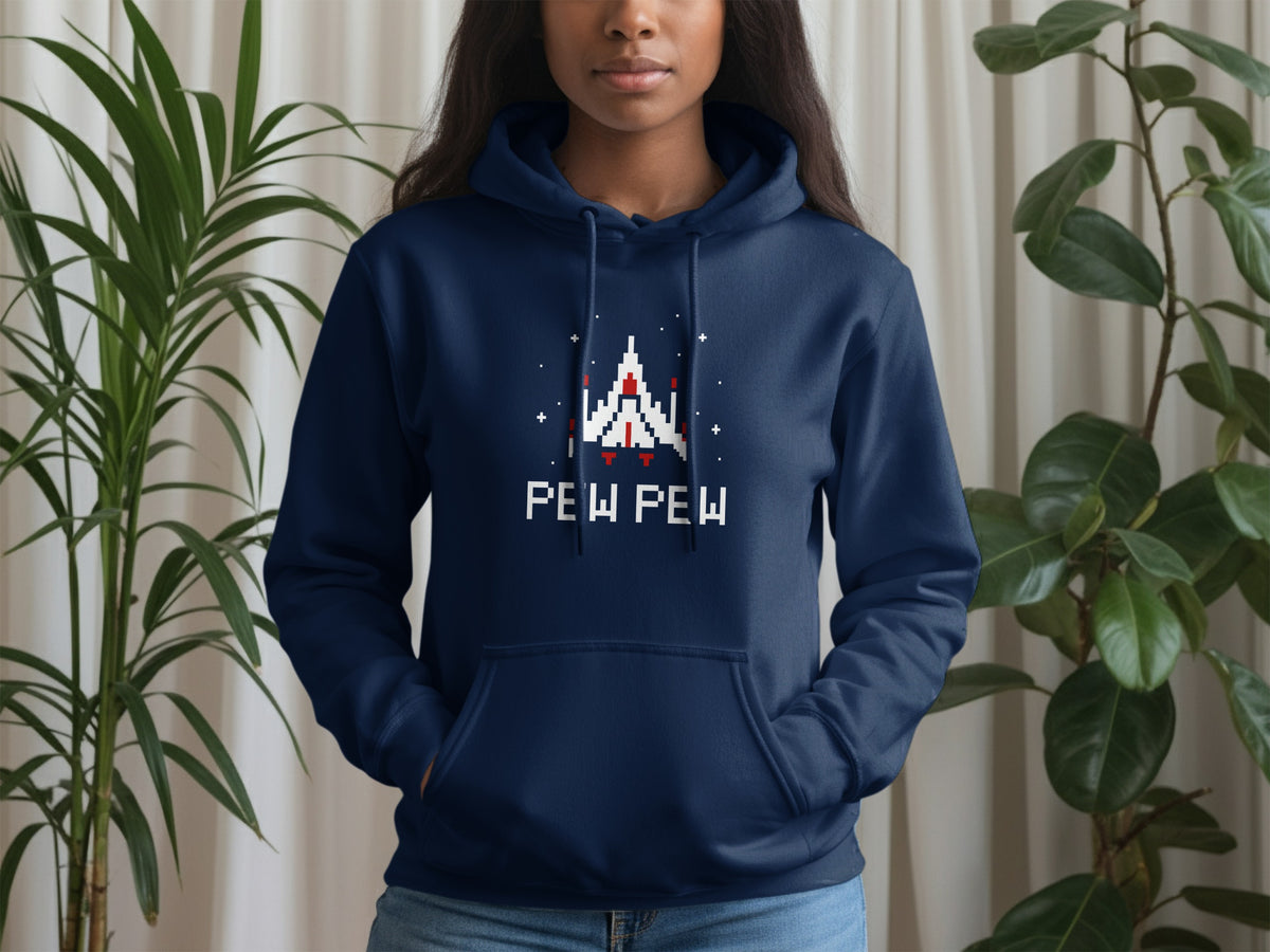 Navy hoodie with pixelated spaceship and "PEW PEW" text graphic.