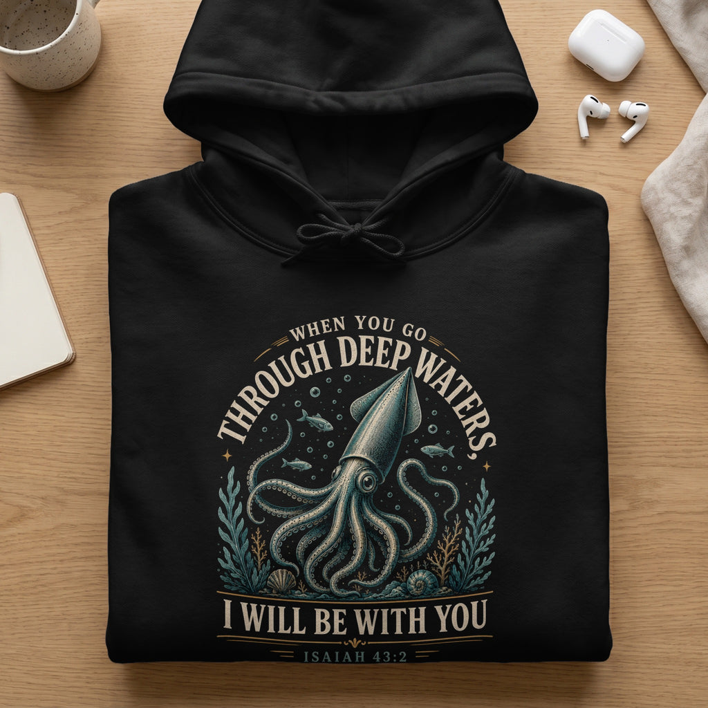 Black hoodie with a squid, fish, and text: "When You Go Through Deep Waters, I Will Be With You Isaiah 43:2".