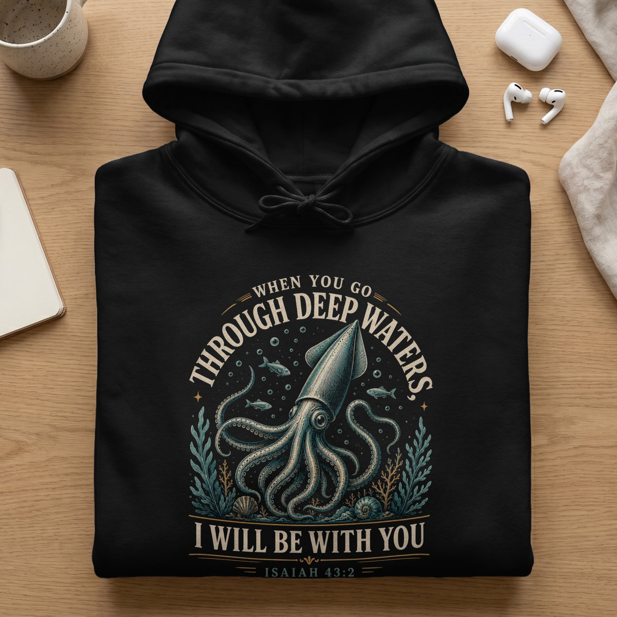 Black hoodie with a squid, fish, and text: "When You Go Through Deep Waters, I Will Be With You Isaiah 43:2".