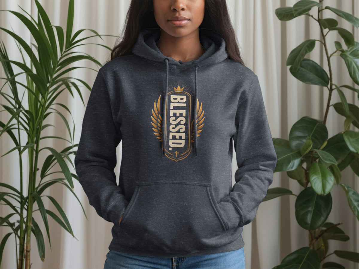 Dark grey hoodie with gold "BLESSED" text emblem and wings on chest.