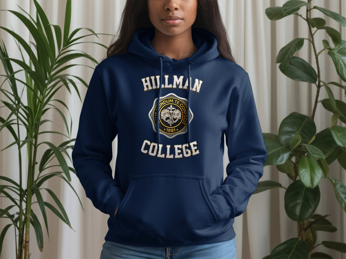 Navy hoodie with "Hillman College" and a crest printed on the front.