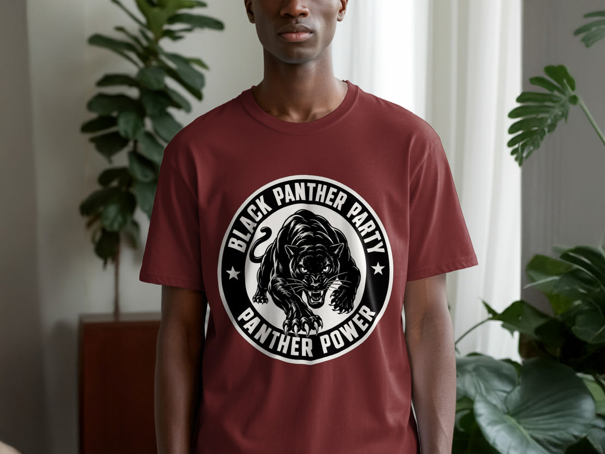 Maroon t-shirt with black panther graphic and text "Black Panther Party Panther Power".