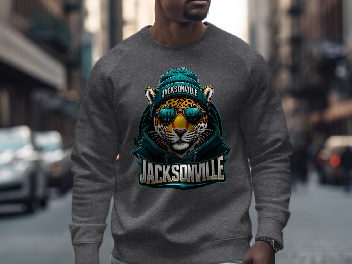 Crewneck sweatshirt with a graphic of a jaguar wearing a beanie and sunglasses with "Jacksonville" text.