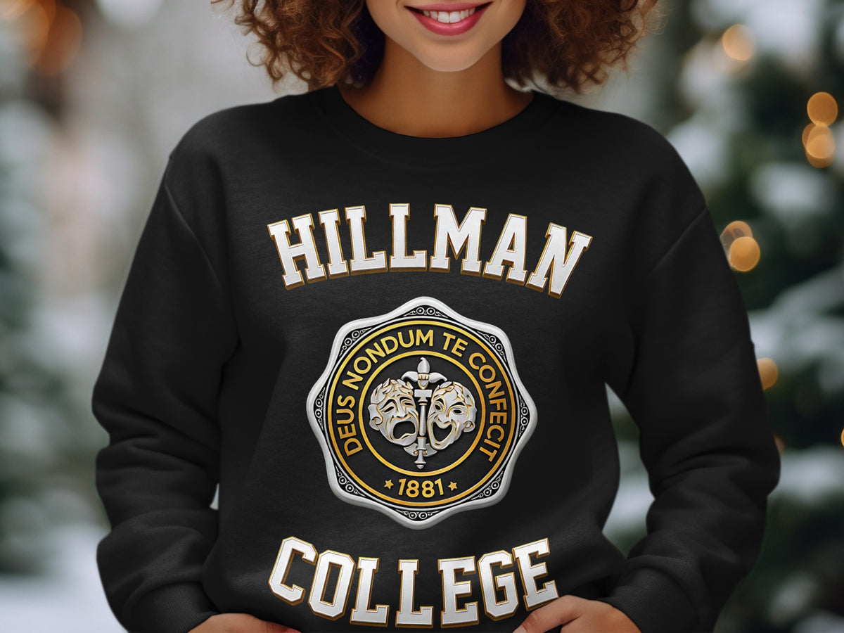 Black sweatshirt with "HILLMAN COLLEGE" and a crest featuring masks and "1881".
