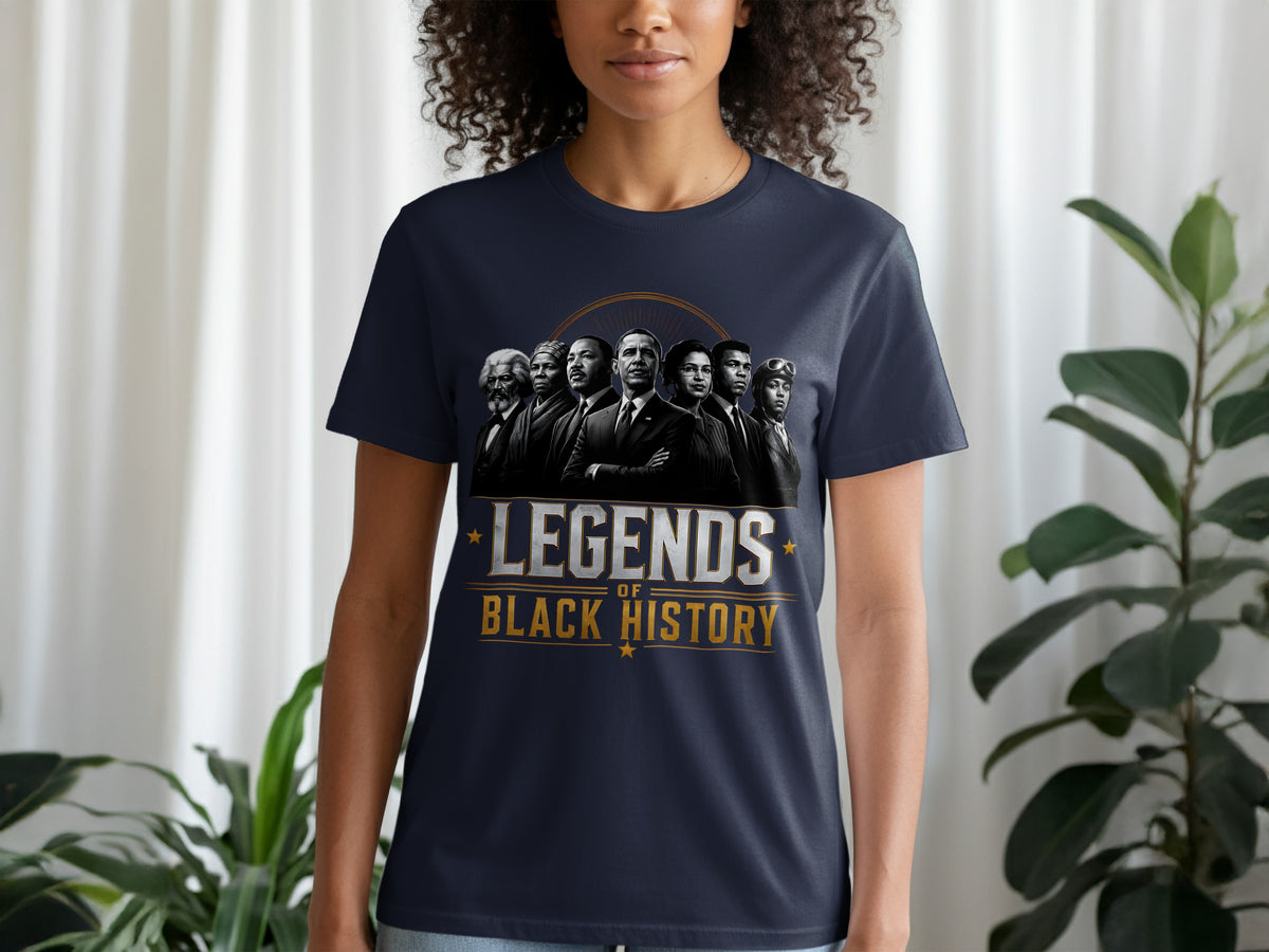 Navy t-shirt with "Legends of Black History" and portraits of historical figures.