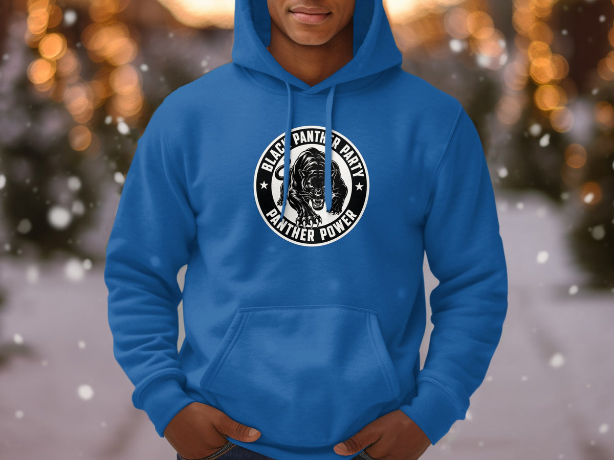 Blue hoodie with Black Panther Party logo featuring a black panther and text.