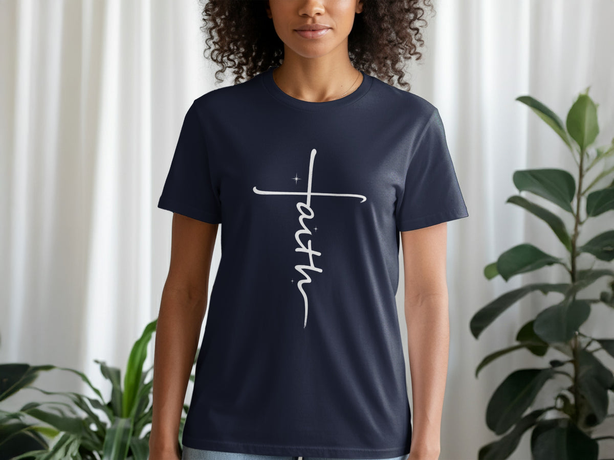 Navy t-shirt with white "Faith" text in a cross design.