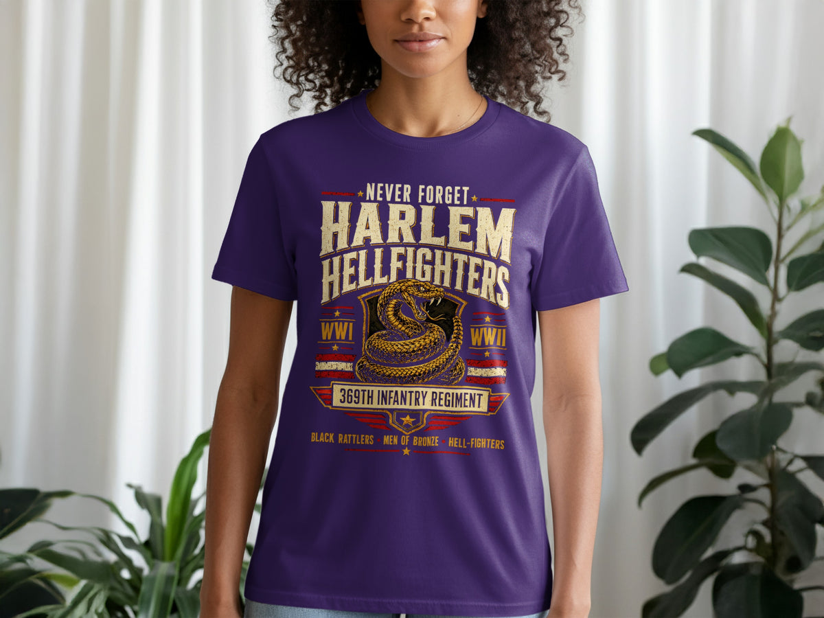 Purple t-shirt with "Harlem Hellfighters 369th Infantry Regiment" graphic and rattlesnake.