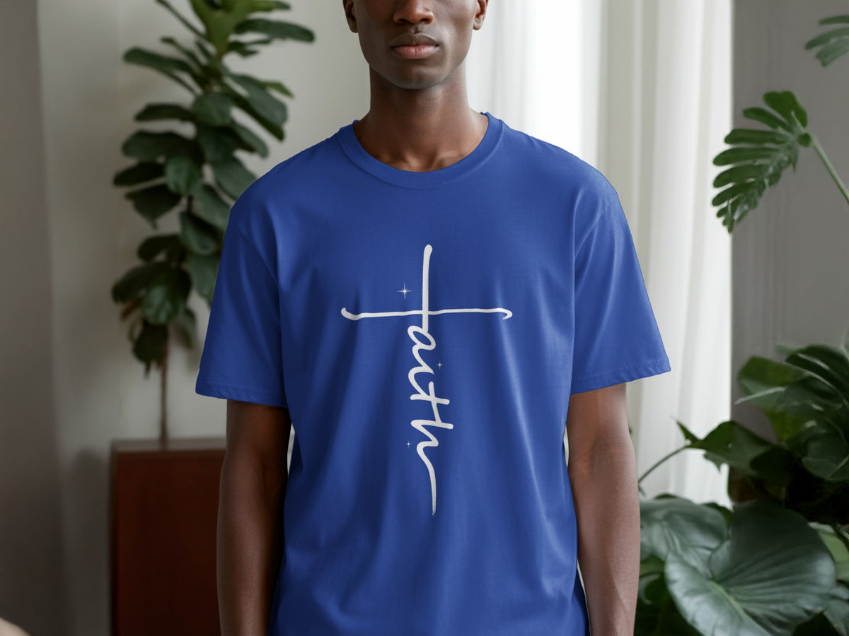 Blue t-shirt with white "Faith" cross design on the chest.