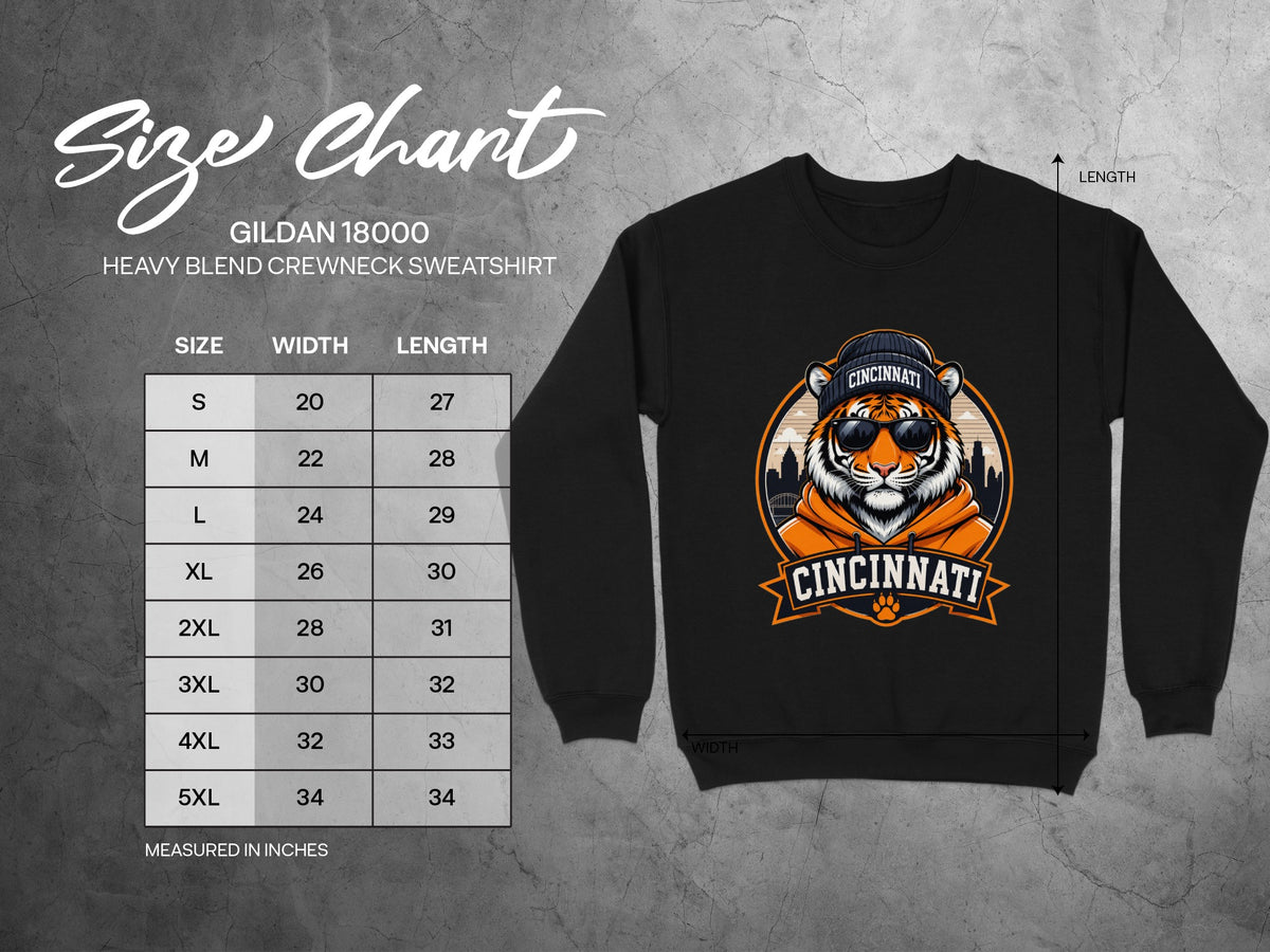 GILDAN 18000 Heavy Blend Crewneck Sweatshirt size chart with measurements in inches.