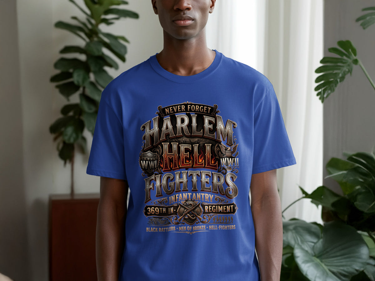 Blue t-shirt with Harlem Hell Fighters 369th Infantry Regiment graphic.