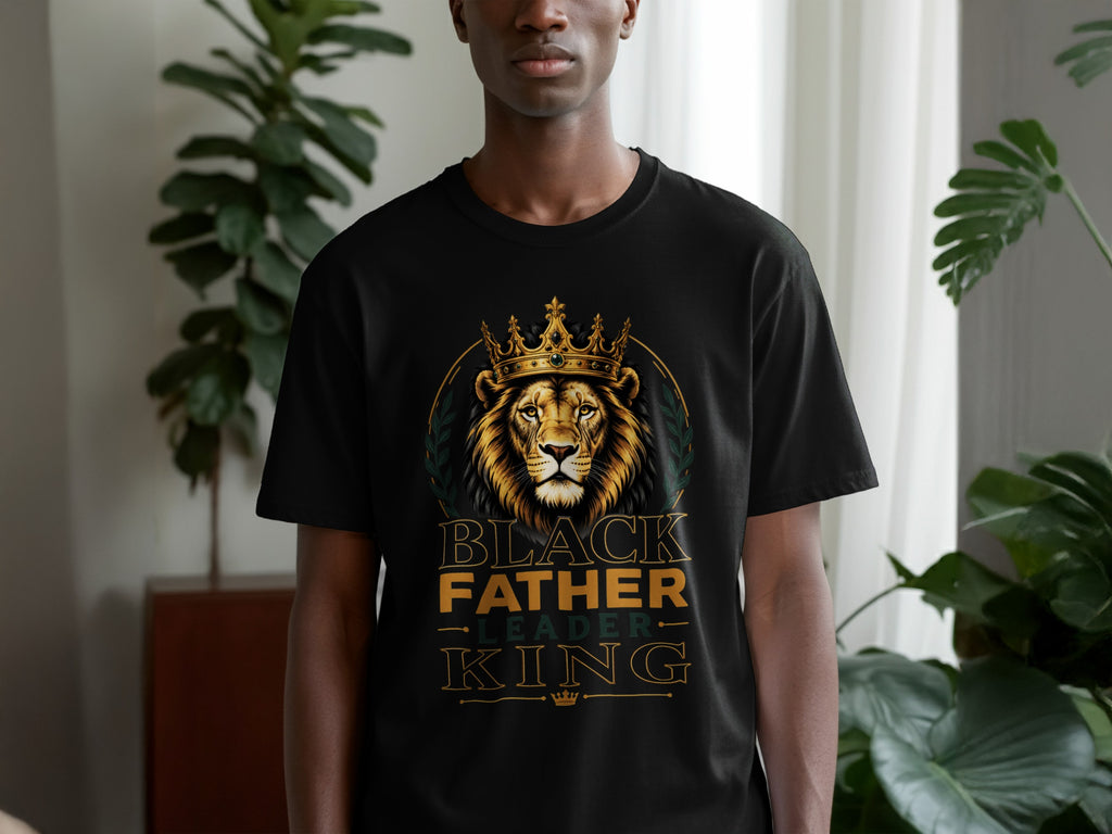 Black Father Leader King graphic on a black t-shirt with a lion wearing a crown.