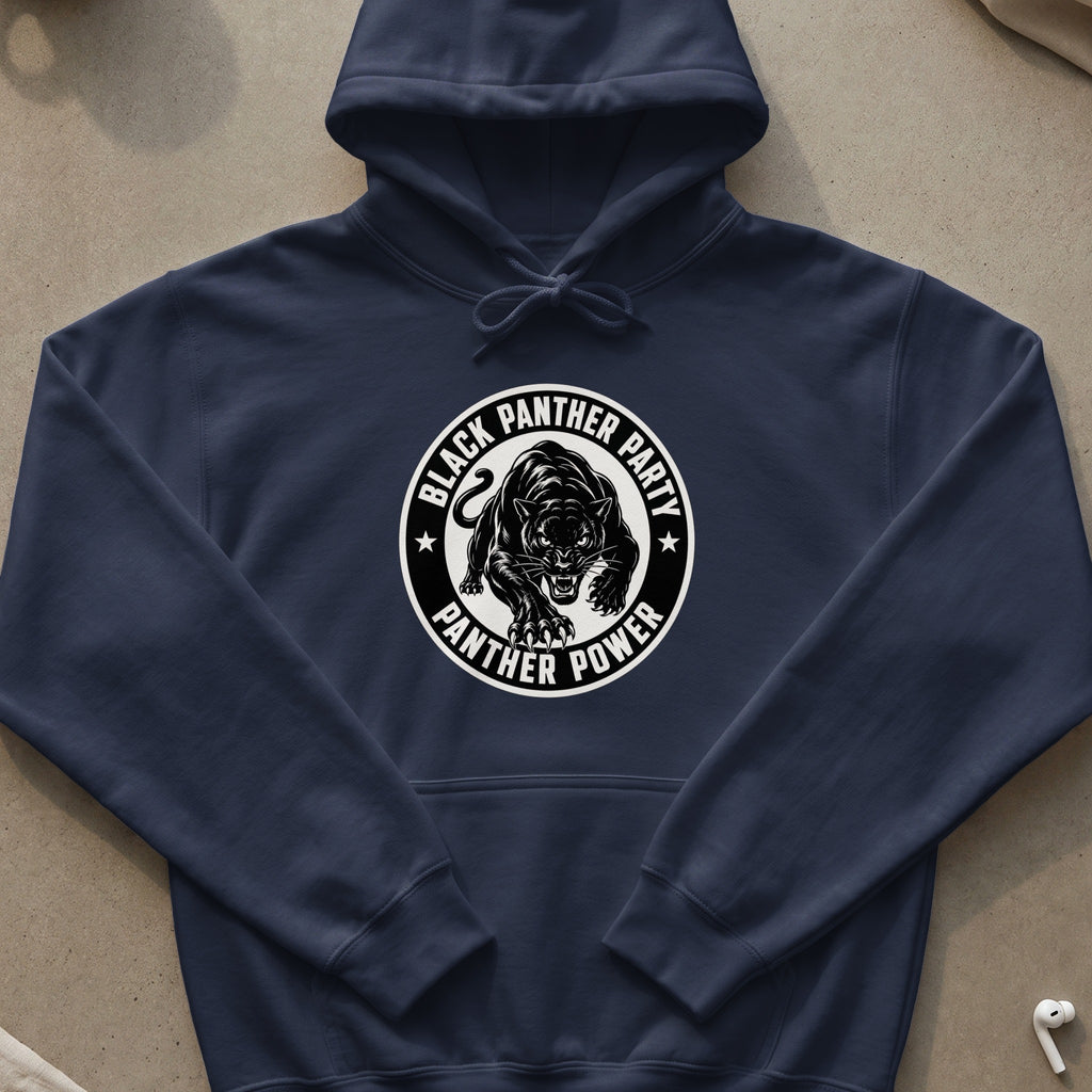 Navy hoodie with a Black Panther Party logo featuring a snarling panther and text.