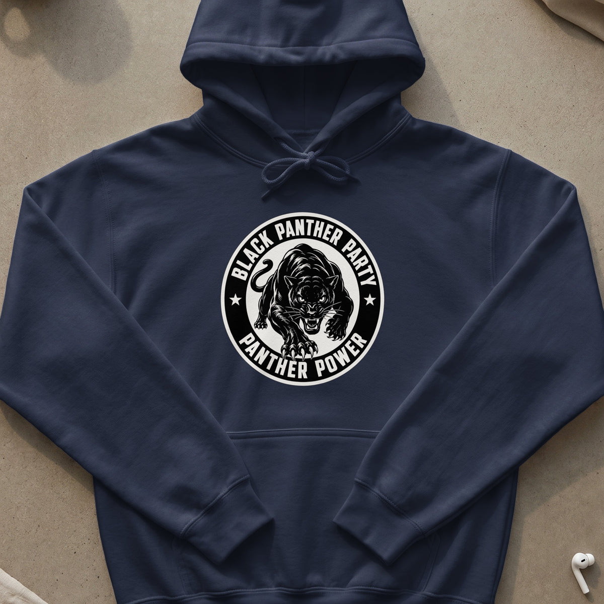 Navy hoodie with a Black Panther Party logo featuring a snarling panther and text.