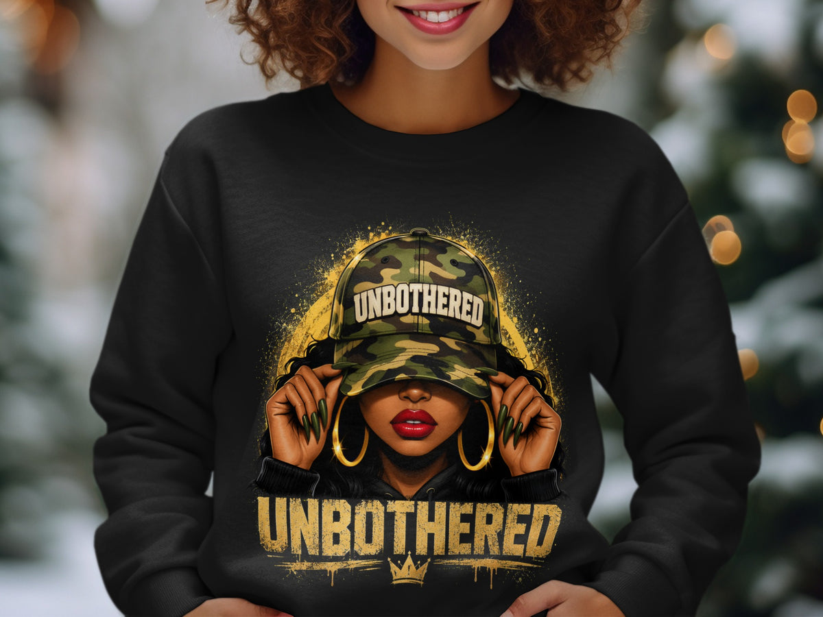 Black sweatshirt with graphic of woman wearing camouflage hat with "UNBOTHERED" text.