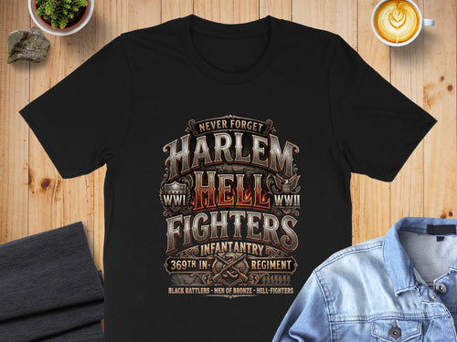 Black t-shirt with Harlem Hell Fighters WWII Infantry Regiment 369th design.