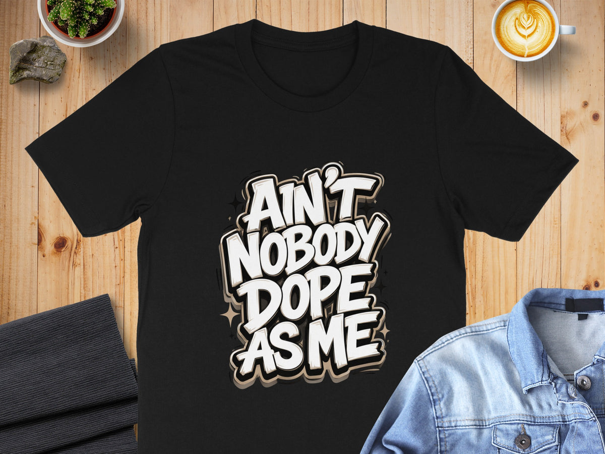 Black t-shirt with "Ain't Nobody Dope As Me" graphic text.