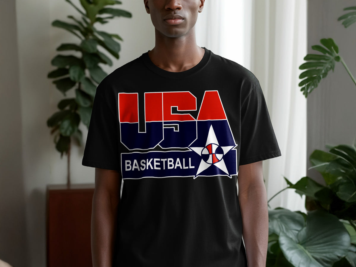 Black t-shirt with red and blue USA Basketball graphic and a white star.