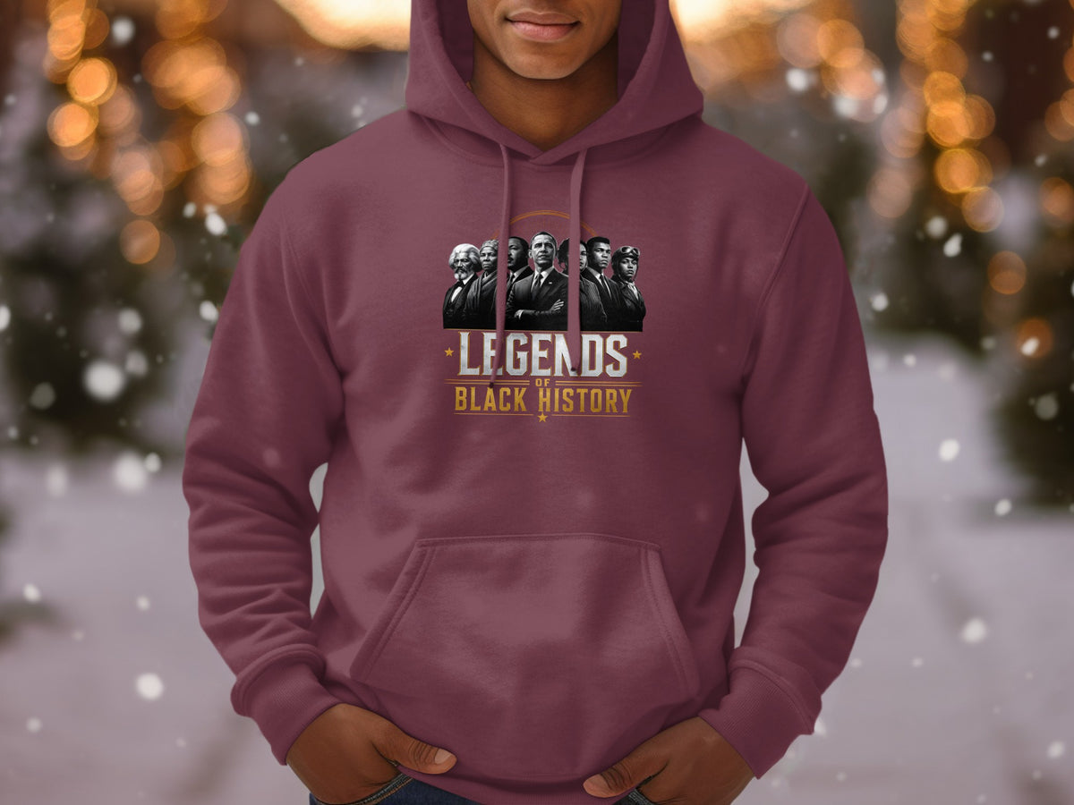 Burgundy hoodie with "Legends of Black History" graphic featuring portraits.