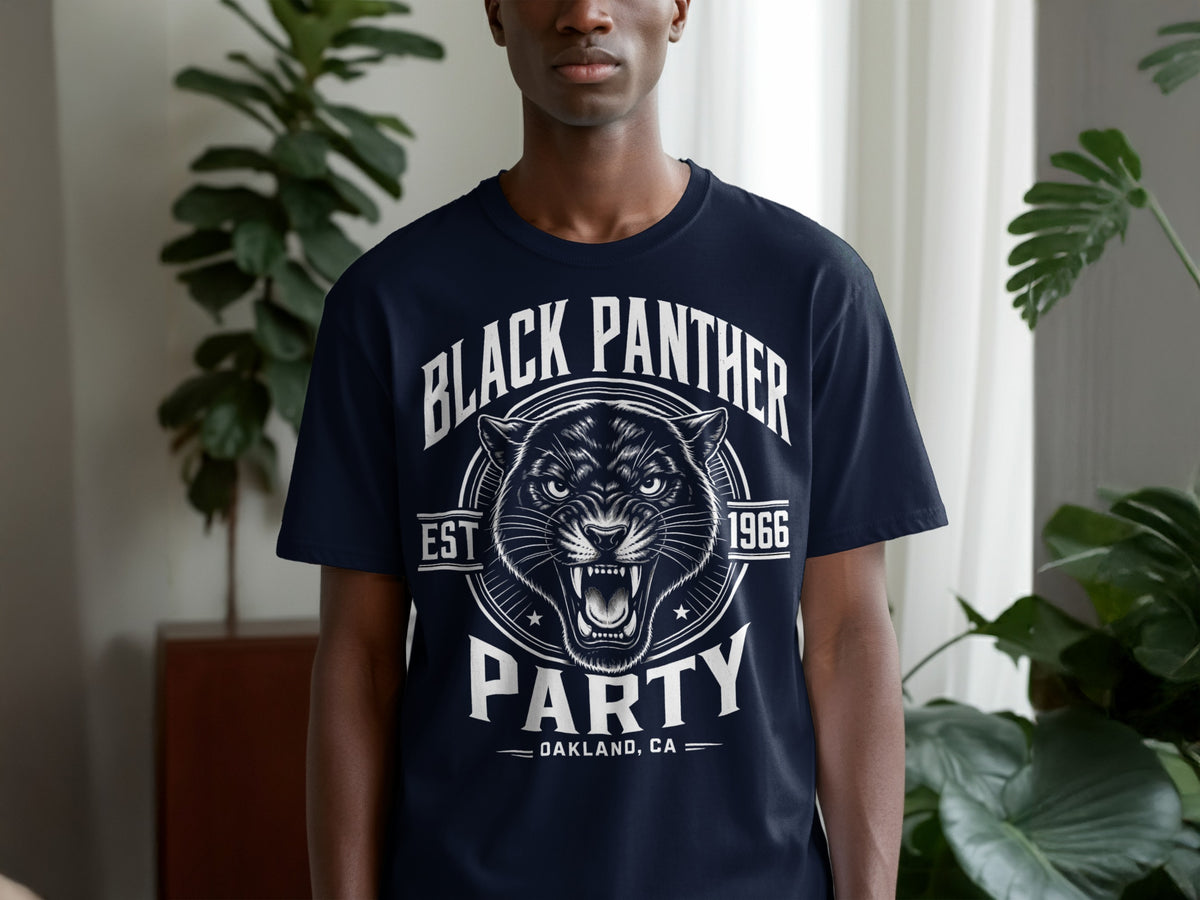 Black Panther Party graphic with roaring panther, est 1966, Oakland, CA.