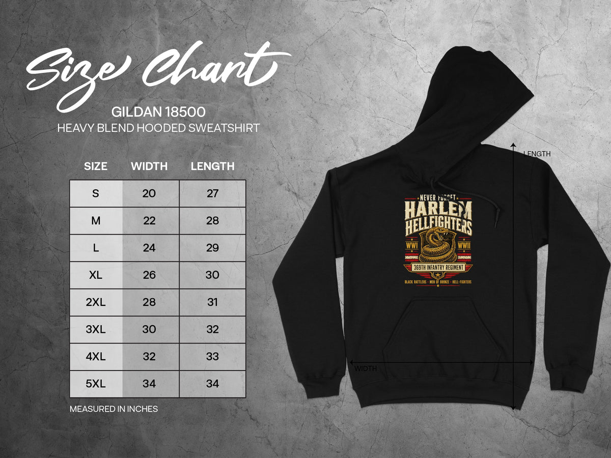 Gildan 18500 heavy blend hooded sweatshirt size chart with measurements in inches.
