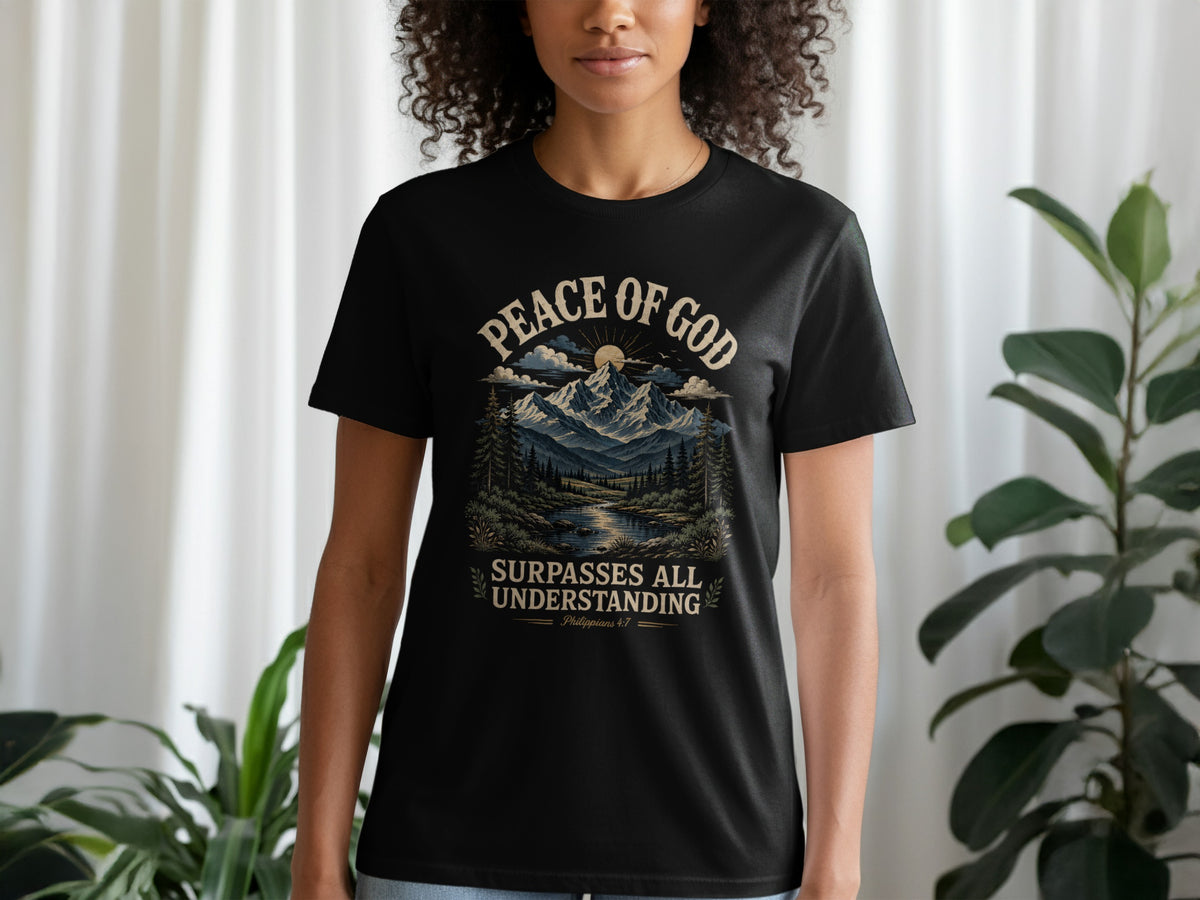 Black t-shirt with "Peace of God Surpasses All Understanding" and Philippians 4:7.