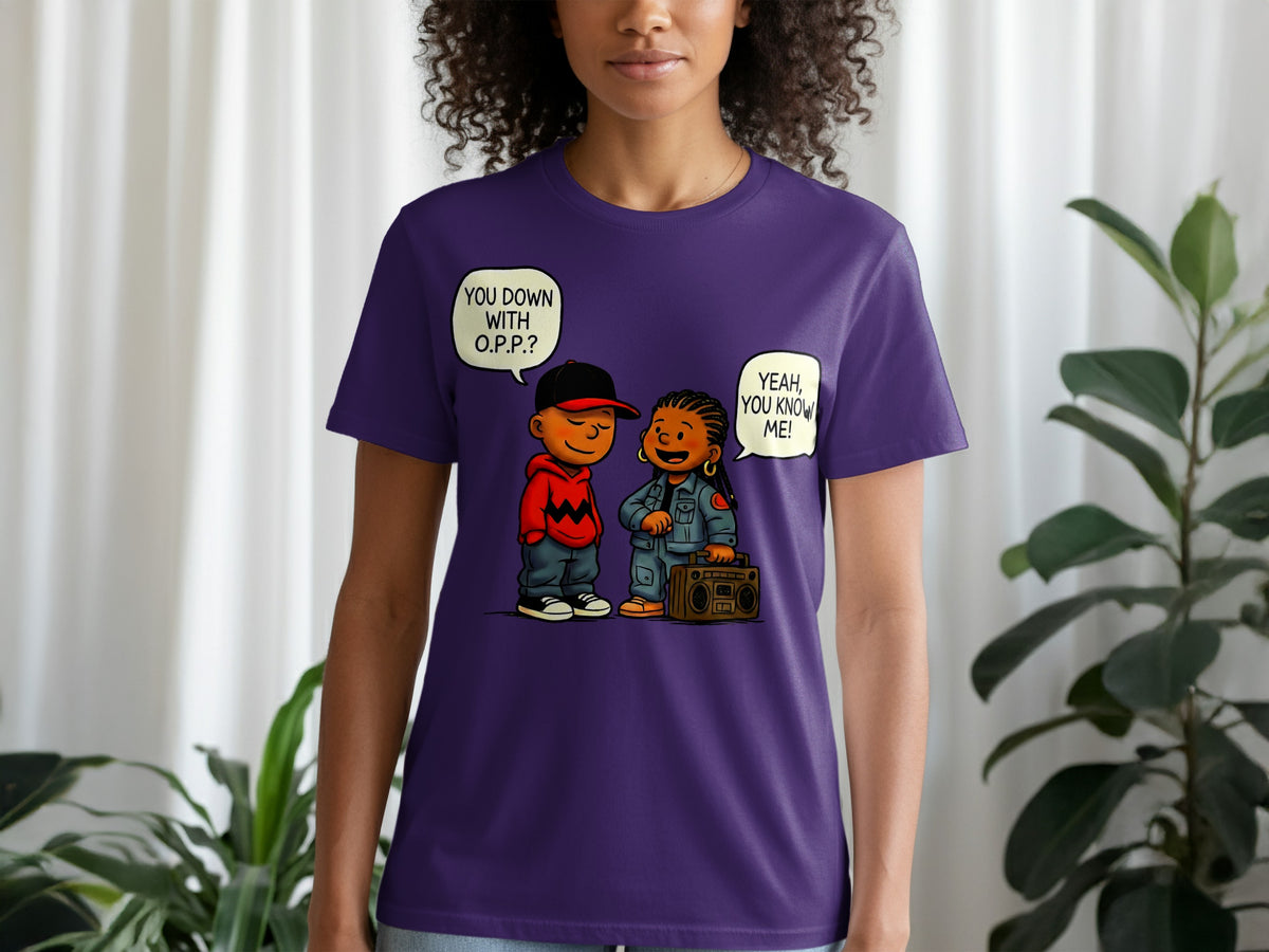 Purple t-shirt with cartoon characters discussing "O.P.P." and "Yeah, you know me!".