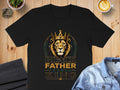 Black Father Leader King design on a black t-shirt with a crowned lion emblem.