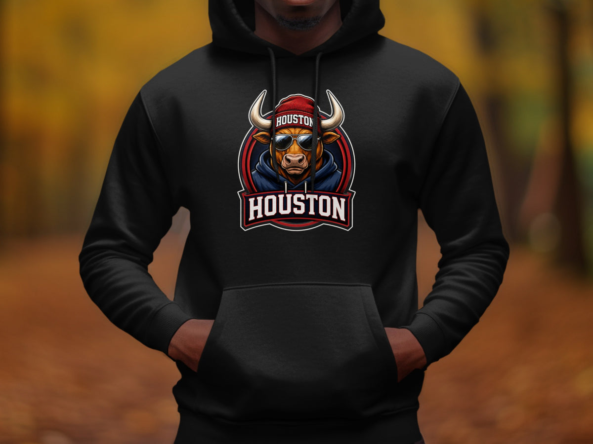 Black hoodie with a stylized bull logo and "Houston" text.