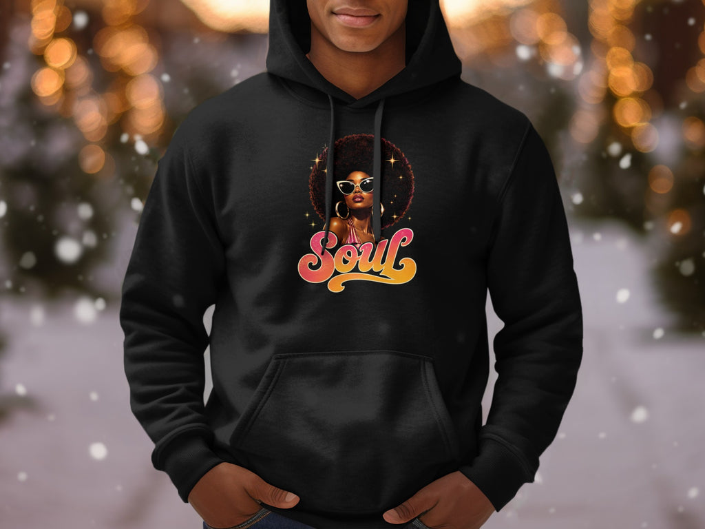 Black hoodie with retro graphic of a woman and the word "Soul".