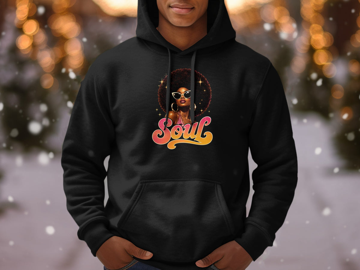 Black hoodie with retro graphic of a woman and the word "Soul".