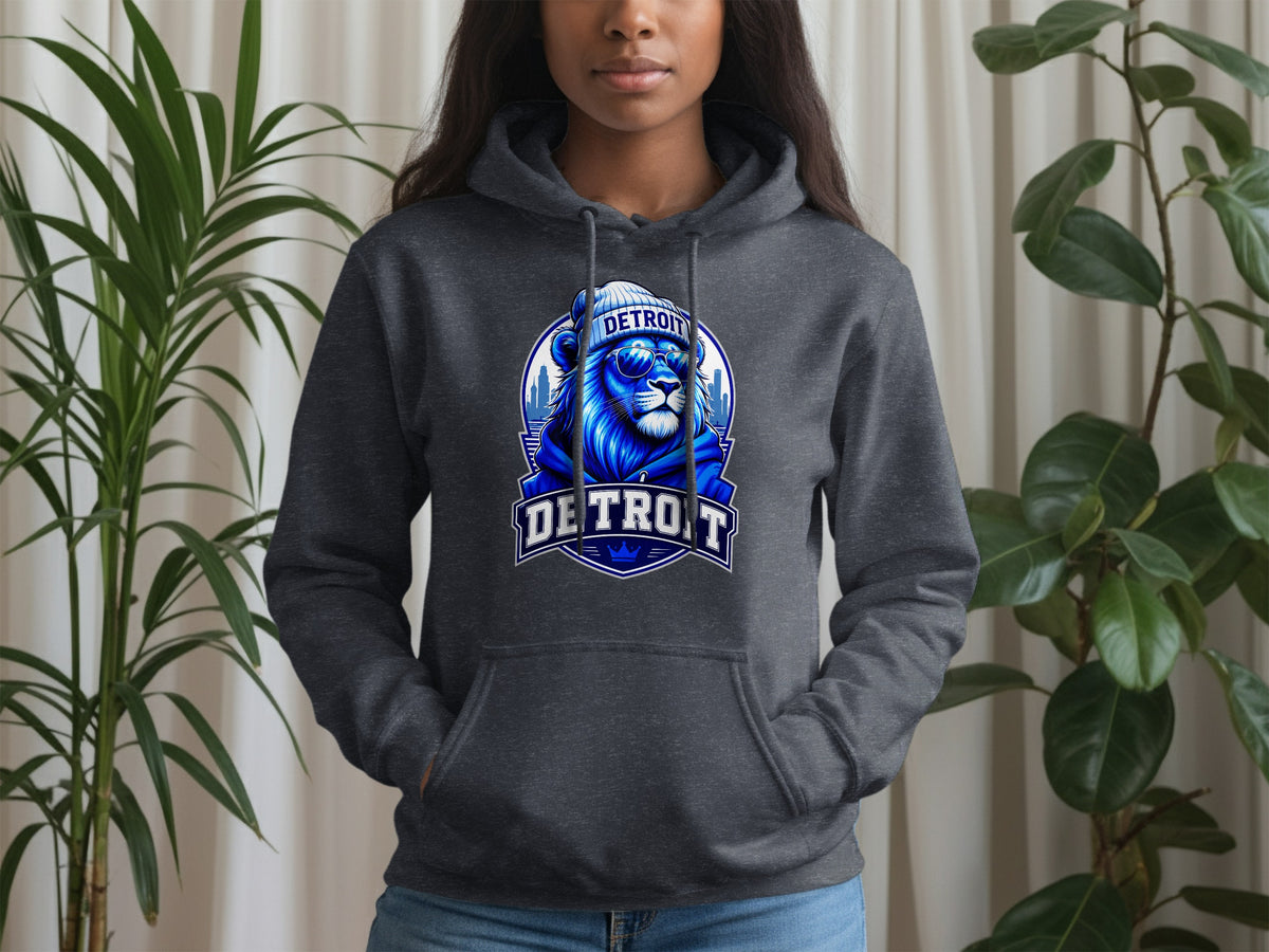Dark grey hoodie with a blue lion graphic wearing sunglasses and a beanie with "DETROIT" text.
