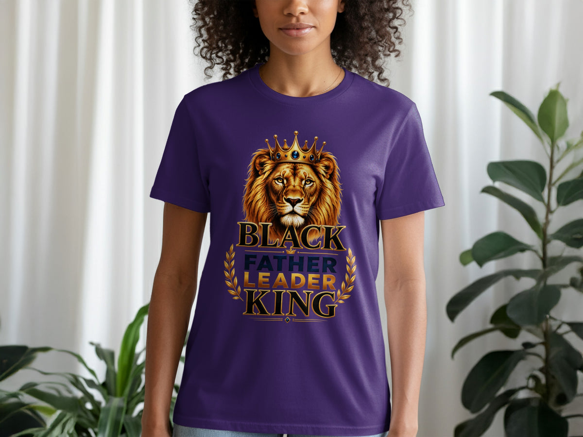 Purple t-shirt with lion wearing crown, text "Black Father Leader King".