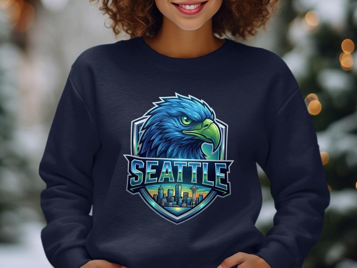 Navy sweatshirt with Seattle skyline and blue eagle graphic.