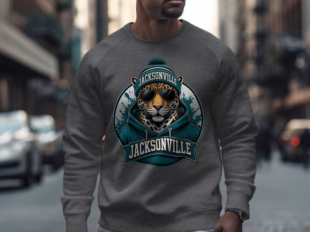 Crewneck sweatshirt with a graphic of a jaguar wearing sunglasses and a beanie, reading "Jacksonville".