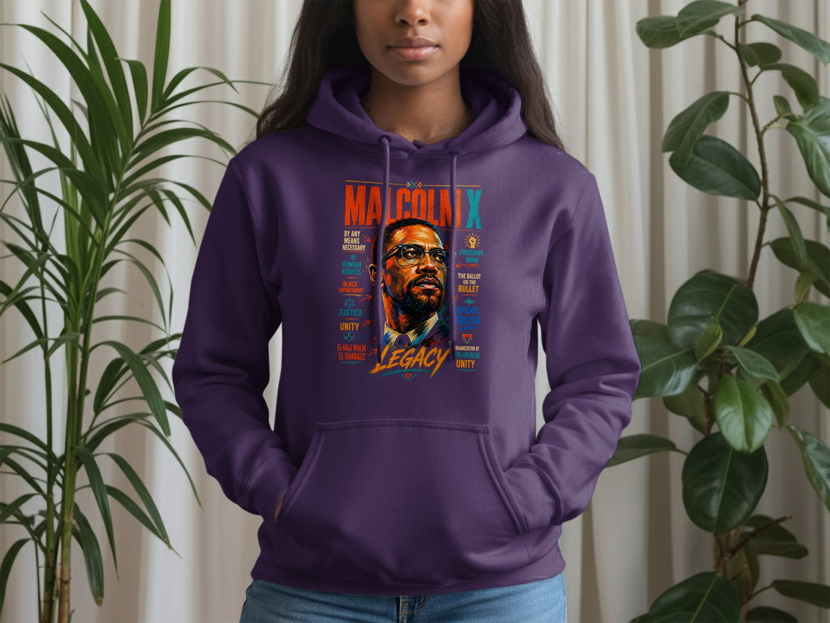 Purple hoodie with "Malcolm X Legacy" graphic, portrait, and quotes.